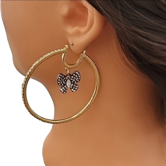 Betsey Johnson Jewelry - Betsey Johnson Large 2" Hematite Dangle Butterfly Charm Gold Hoops Hoop Earrings